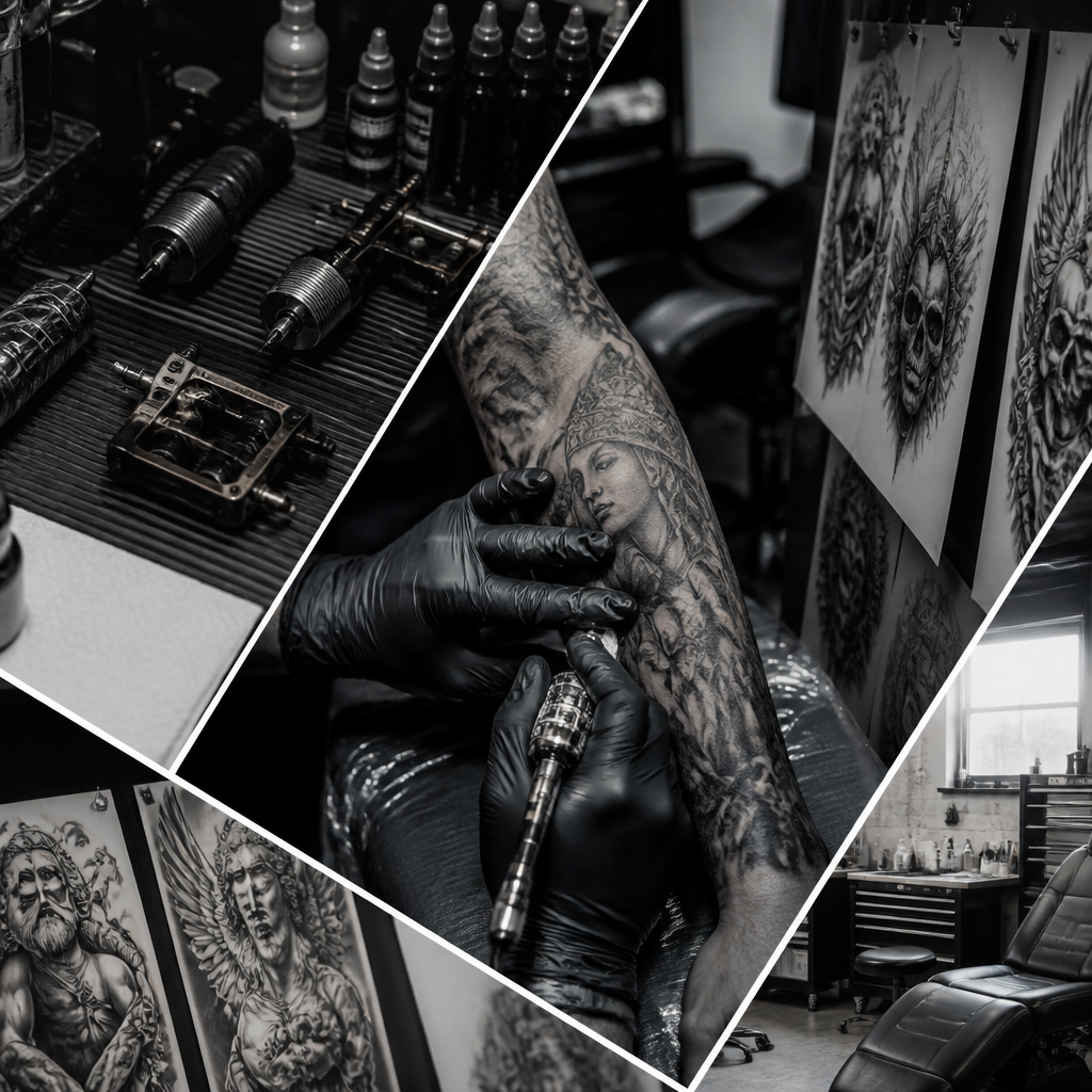 Intricate black and grey realism sleeve.