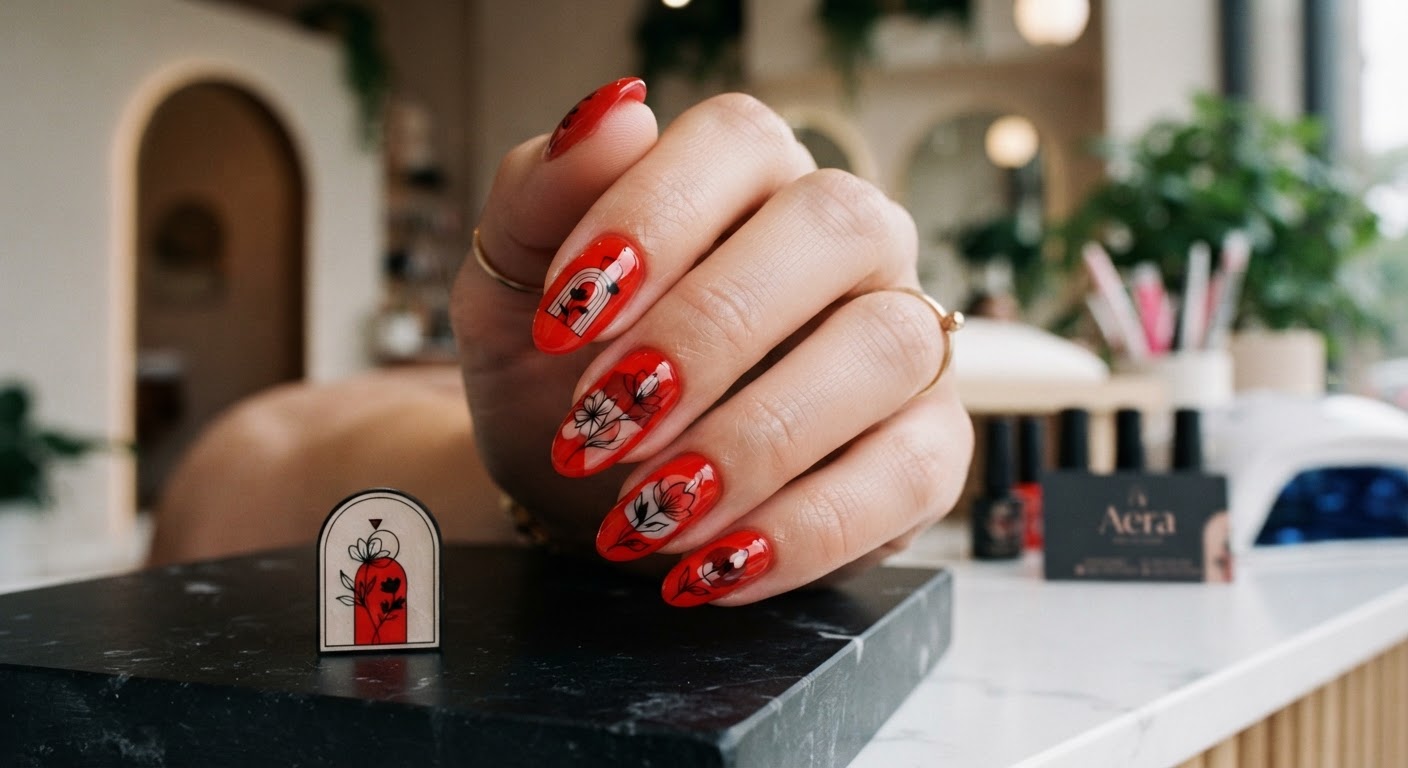 Hand-painted illustrative nail art with graphic floral details.