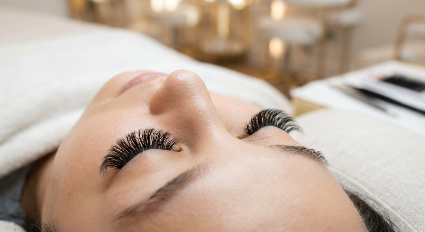 Full-volume eyelash extensions for a dramatic yet elegant look.